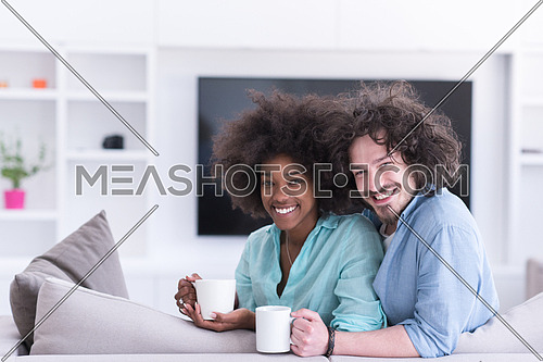 young multiethnic couple sitting on sofa at home drinking coffe, talking, smiling.