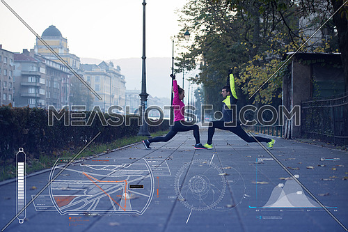 Man and woman stretching on the street in the morning with statistics on the bottom