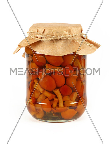 Close up of one glass jar of pickled small brown honey fungus Armillaria mushrooms with kraft paper parchment decoration and twine over white background, low angle side view