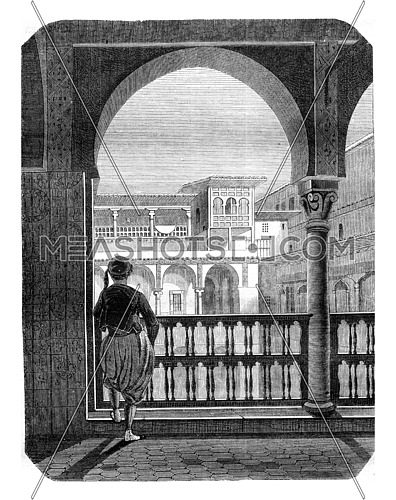 Inside view of the Casbah in Algiers, View of the gallery and was the flag or kicks fan, vintage engraved illustration. Magasin Pittoresque 1845.