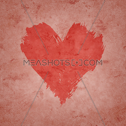 Red painted heart with brushstroke shape over grunge brown pink background