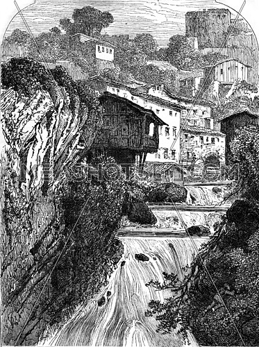 Banks of the Durolle, Thiers Puy de Dome, vintage engraved illustration. Magasin Pittoresque 1876.