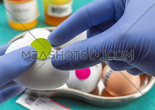 Scientific brand with label eggs in poor condition to examine in the laboratory, clinical, conceptual image