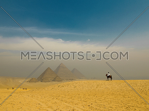 young  Egyptian   man riding arabian horse in desert,  giza platou with grand pyramids in background