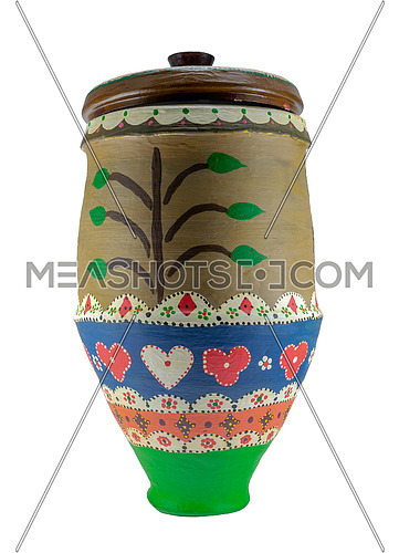 Colorful Egyptian handcrafted decorated artistic pottery jar isolated on white