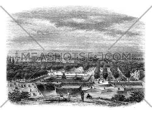 View of the city of Nimes, taken from the Garden of the Baths of Augustus, vintage engraved illustration. Magasin Pittoresque 1846.