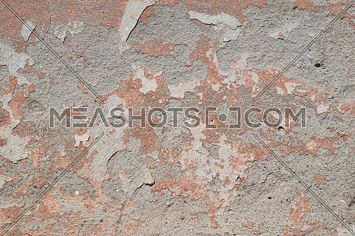 Background texture of old pink painted plaster gray cement wall with grunge stains and paint peeling