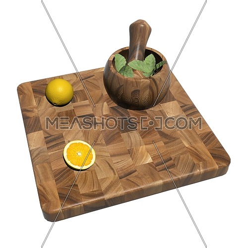 Square wooden sushi platter with whole and sliced orange and mint leaves on a mortar and pestle, 3d illustration, isolated against a white background