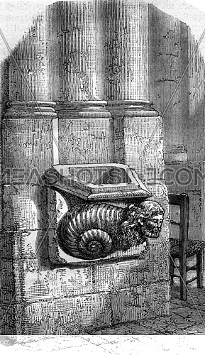 Stoup the thirteenth century, in the church of Saint-Taurin, Evreux, vintage engraved illustration. Magasin Pittoresque 1877.