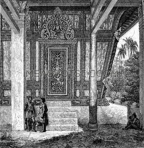 Entrance to the pagoda-shaped tomb, vintage engraved illustration. Le Tour du Monde, Travel Journal, (1872).