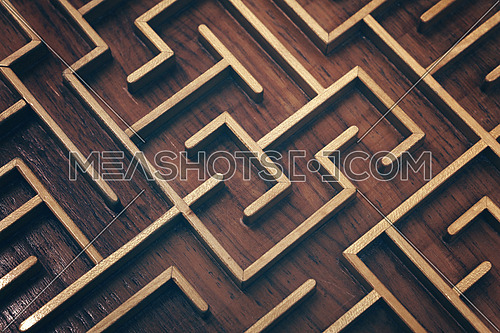 Close up of brown wooden labyrinth maze, toy puzzle game, elevated high angle view