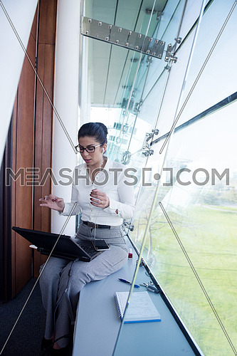 busy businesswoman have conference call and online presentation while working on laptop computer and sitting by big window of modern corporate business office