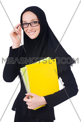 Arab woman student isolated on white