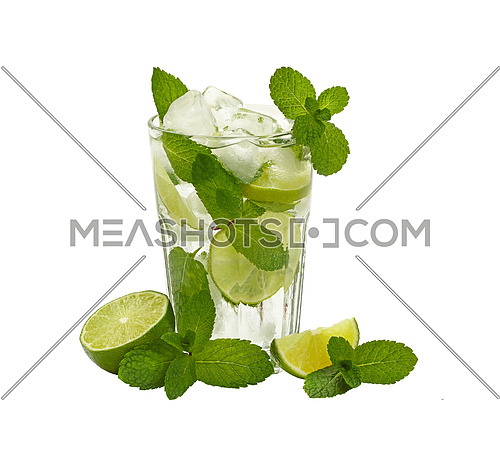 Close up one full, big glass of mojito with mint leaves, lime slices and ice cubes, isolated on white background, high angle side view