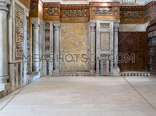 Interior view of decorated marble walls surrounding the cenotaph in the mausoleum of Sultan Qalawun, part of Sultan Qalawun Complex built in 1285 AD, located in Al Moez Street, Old Cairo, Egypt