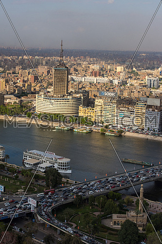 aerial view of modern Greater Cairo city downtown with Nile on a beautiful sunny day with blue sky and clouds capital of Egypt