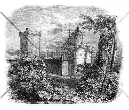 View of part of the castle Alencon, after a drawing of the eighteenth century, vintage engraved illustration. Magasin Pittoresque 1847.