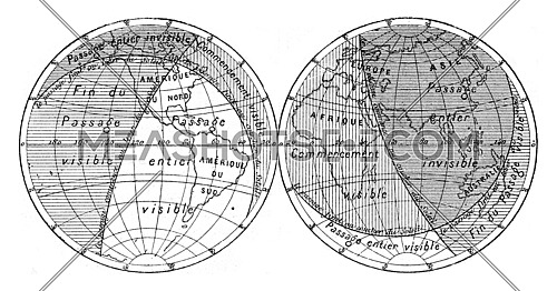 Map of the next transit of Venus, vintage engraved illustration. Magasin Pittoresque (1882).