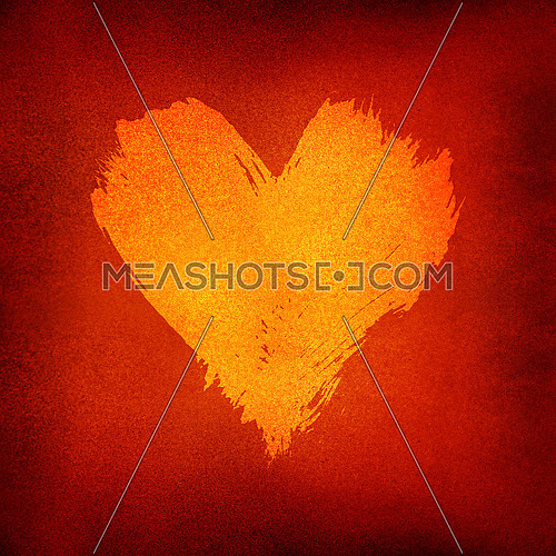 Yellow orange vivid watercolor painted heart with brushstroke shape over grunge red background