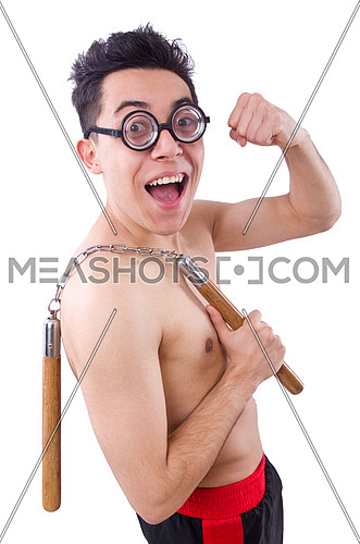 Funny guy with nunchucks on white