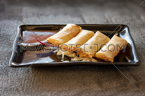 Fried spring rolls on black iron plate on grey stone slate background. side view,close up.