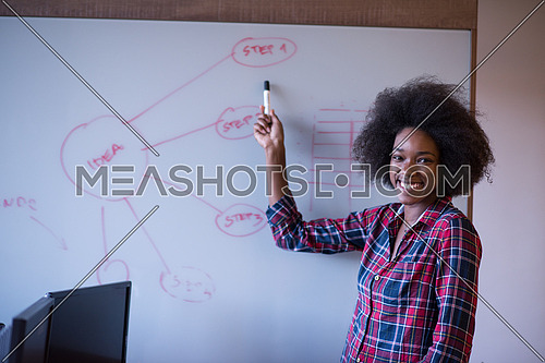 Young successful African American beautiful woman writes on a board meeting in a large modern office