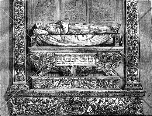 Tomb of Alessandro Tartagni at St. Dominic in Bologna, vintage engraved illustration. Magasin Pittoresque 1878.