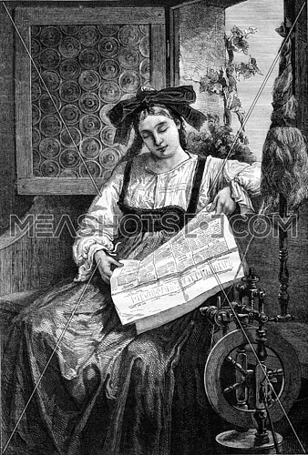 Reading the newspaper, 1872 Exhibition of Painting, vintage engraved illustration. Magasin Pittoresque 1873.