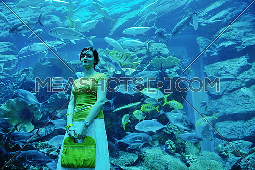 young woman  with big blue aquarium withmany  fish in background