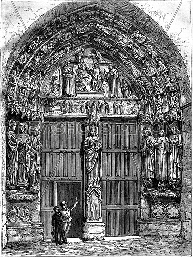 North portal of the Church of Villeneuve-l Archeveque, Yonne, vintage engraved illustration. Magasin Pittoresque 1878.