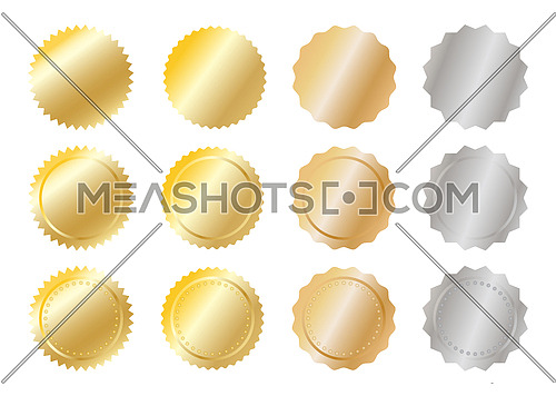 Close up metal achievement and award badges (golden, silver and copper) isolated on white background