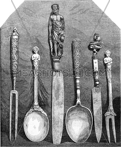 Cutlery of the sixteenth and seventeenth century carved ivory, vintage engraved illustration. Magasin Pittoresque 1870.