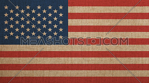 Old grunge vintage dirty faded American US national flag over background of jute linen canvas