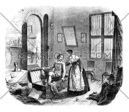 Grotius and his wife in the fortress of Lowenstein, vintage engraved illustration. Magasin Pittoresque 1852.