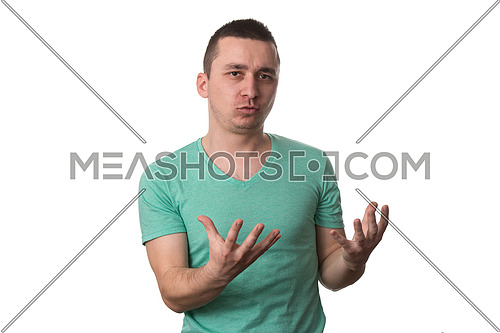 Young Man Looking Shocked And Surprised In Full Disbelief Hands Up In Air - Isolated On White Background