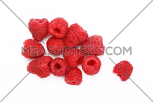 Group of fresh red ripe mellow raspberry berries isolated on white background, close up, elevated top view, high angle