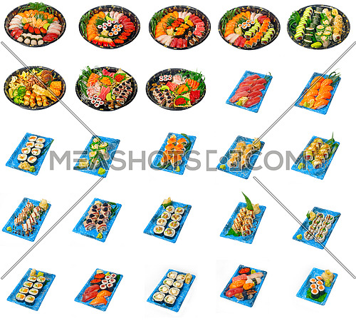 selection of 25 Japanese sushi dish collage isolated over white frame 