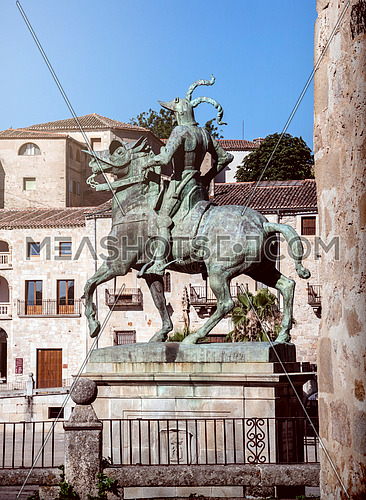 Trujillo, Spain - July 14, 2018: Equestrian statue of the conquistador Francisco Pizarro, the work of the American sculptor Charles Cary Rumsey, located on a granite pedestal in the main square of the city, Trujillo, Caceres province, Spain