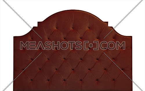 Shaped dark brown soft velvet fabric capitone bed headboard of Chesterfiels style sofa isolated on white background, front view