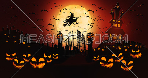 Halloween Pumpkins at Cemetery with Bats Flying and Witch Riding the Broom Against Full Moon Sky with Haunted Mansion in the Background