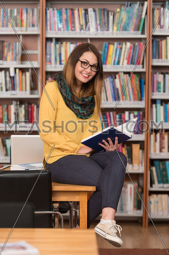 In The Library - Beautiful Female Student With Laptop And Books Working In A High School - University Library - Shallow Depth Of Field