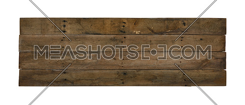 Close up one old weathered grunge brown wooden board isolated on white background