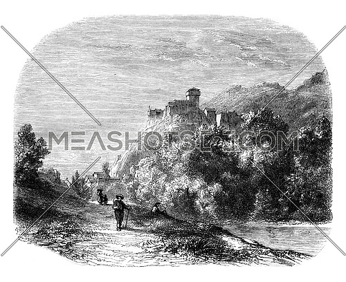 Castle of Lourdes, Landscaped near Lourdes, vintage engraved illustration. Magasin Pittoresque 1852.