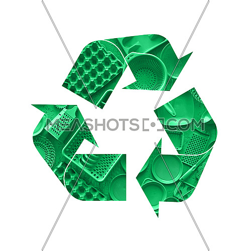 Illustration recycling symbol of green plastic disposable tableware isolated on white background