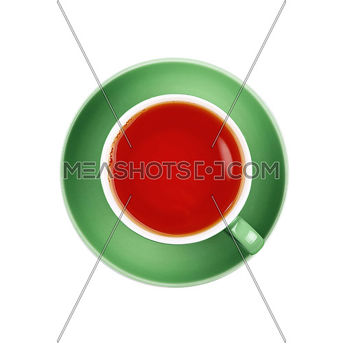 Full cup of black tea on green saucer isolated on white background, close up, elevated top view