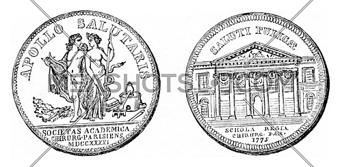 Fig 1- Reversal of a token of the Company surgery, Apollo and Health, Fig 2- Reversal of a token strikes for the inauguration of the School of surgery, vintage engraved illustration. Magasin Pittoresque 1857.