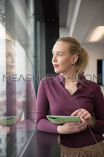 Blonde businesswoman in casual  clothes working on tablet computer at modern startup business office interior. Young people group on team meeting blured  in background