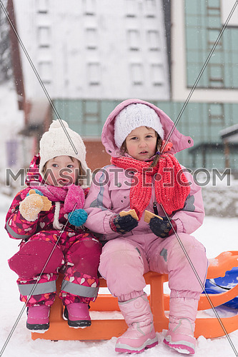 portrait of two cute little grils sitting together on sledges outdoors at snowy winter day, eating tasty cookies on break
