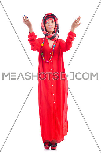 Woman in red scaf on white