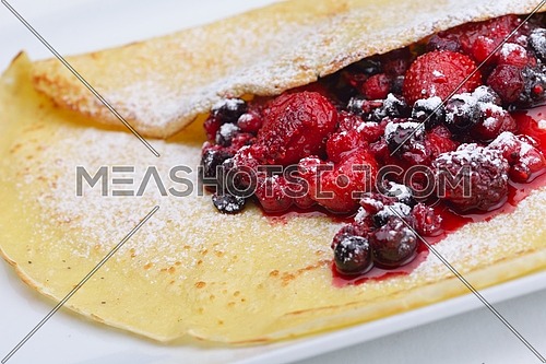 Pancakes with fresh strawberry jam closeup  isolated on whize background healthy organic food breakfast